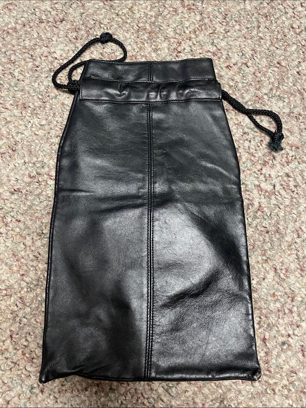 Vintage black leather shoe bag with drawstring top